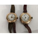 Two early 20th century ladies 9ct gold wristwatches on leather straps Location: