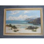 William Langley - Beach scene with boats at sea and seagulls in flight, 60cm x 40cm, signed lower