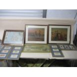 A group of Victorian chromolithographic prints, a framed map of Anglia, four framed and glazed