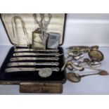 Mixed silver and silver plate to include cased silver handled knives, silver cased comb, silver