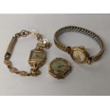 Three 9ct gold ladies watches to include a mid 20th century Roamer watch on a gold plated bracelet