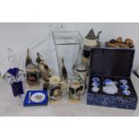 A mixed lot to include a boxed teaset, German tankards, boxed Coalport and other items