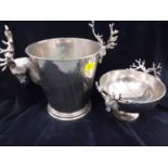 A silver plated wine and ice bucket/pedestal serving dish, both having twin handles in the form of