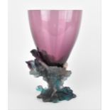 A boxed Daum glass oversized goblet with pate-de-verre 'Bacchus' stand, the purple glass fitted on