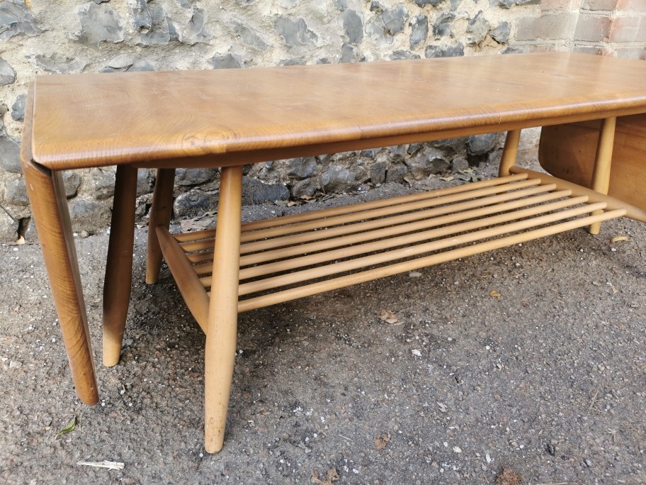 An Ercol style blonde elm and beech drop-leaf Windsor coffee table, no visible label, total width - Image 3 of 7
