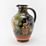 A large mid century Swiss pottery jug by Willy Aebi, of folkloric design with children picking