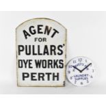 Two vintage enamel advertising signs: a double-sided sign for 'Agent for Pullars' Dye Works Perth'
