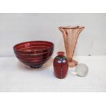Glassware to include a 1930's vase, a red glass bowl, an enamelled vase and a paperweight Location: