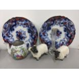 Ceramics and glass to include two Melba sheep and ram, two 19th century plated and teapot and a