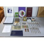 Collectables to include Concord related items, coins, a carriage clock, a silver topped scent bottle