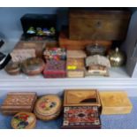 A quantity of treen boxes to include papermache Victorian writing boxes and musical boxes together