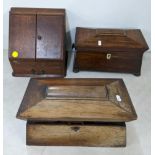 Two 19th century rosewood sarcophagus, formed teacaddy's together with an oak stationery desk tidy