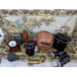 A mixed lot to include a tapestry wall hanging, cased USSR binoculars, vintage horn, travel hip