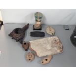 Mixed certificates to include possibly Roman/Classical terracotta oil burners A/F, a terracotta