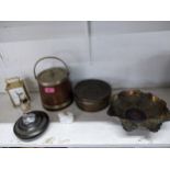 A mixed lot to include a Victorian oak and silver plated biscuit barrel, cut glass smelling salts