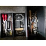 A quantity of tools to include a modern toolbox and contents, a wooden handled axe and a vintage