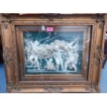 A mounted plaque of four cherubs holding a garland of flowers in a gilt box frame, 40cm x 30cm,