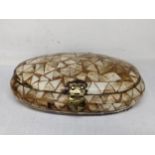 A mid 20th century camel bone trinket box of oval form and with brass fittings, 5cm h x 16.5cm w