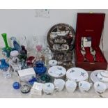 A mixed lot to include boxed Royal Selangor pewter glasses, mixed silver plate, KPM part tea service
