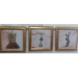 Three painted images of ladies in traditional costume on marble plaques in gilt frames, 29cm x