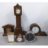 Mixed clocks to include an Edwardian mantel clock, one in the form of a longcase clock, JAZ Alarm