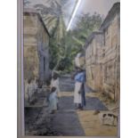 H D Scott - Old Speightown - figures taking on a township street with buildings either side, and a