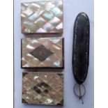 Three late 19th/early 20th Century mother of pearl card cases and a paper-mache spectacle case