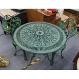 An aluminium green painted garden table, 73h x 80.5w and a pair of matching chairs