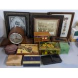 A mixed lot to include an arched top mantel clock, vintage tins, framed photograph and other