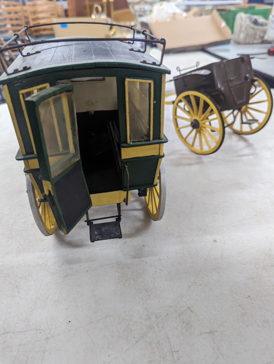 A model horse drawn carriage constructed of wood and metal parts, painted green and yellow with Kent - Image 4 of 5