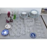 A mixed lot to include mixed cut glassware, a Dresden shell shaped dish, together with Royal Doulton