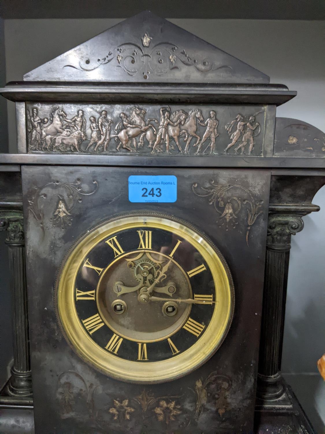 A Victorian black slate mantle clock of classical design with open pillars and frieze above the - Image 2 of 4