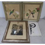 Four pictures to include two watercolours of birds perched on branches, 30 x 25, framed, Location: