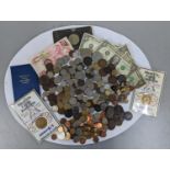 A mixed collection of world coinage to include 1886 British North Borneo Co one cent, an 1857 USA