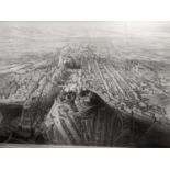 Two large black and white prints of Edinburgh, framed and glazed, the largest 50 x 77cm unframed