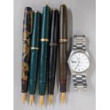 Five Parker pens with 14k nibs, together with a Seiko gents watch A/F