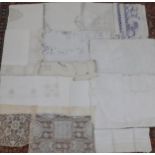 A quantity of early to mid 20th Century table linen, lace table mat and lace handkerchief to includ