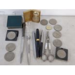 Collectables to include a silver handled paper knife, grape scissors, collectors coins, a Parker