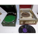 A Columbia green table top gramophone and an electric record player, no wire and various 78 records,