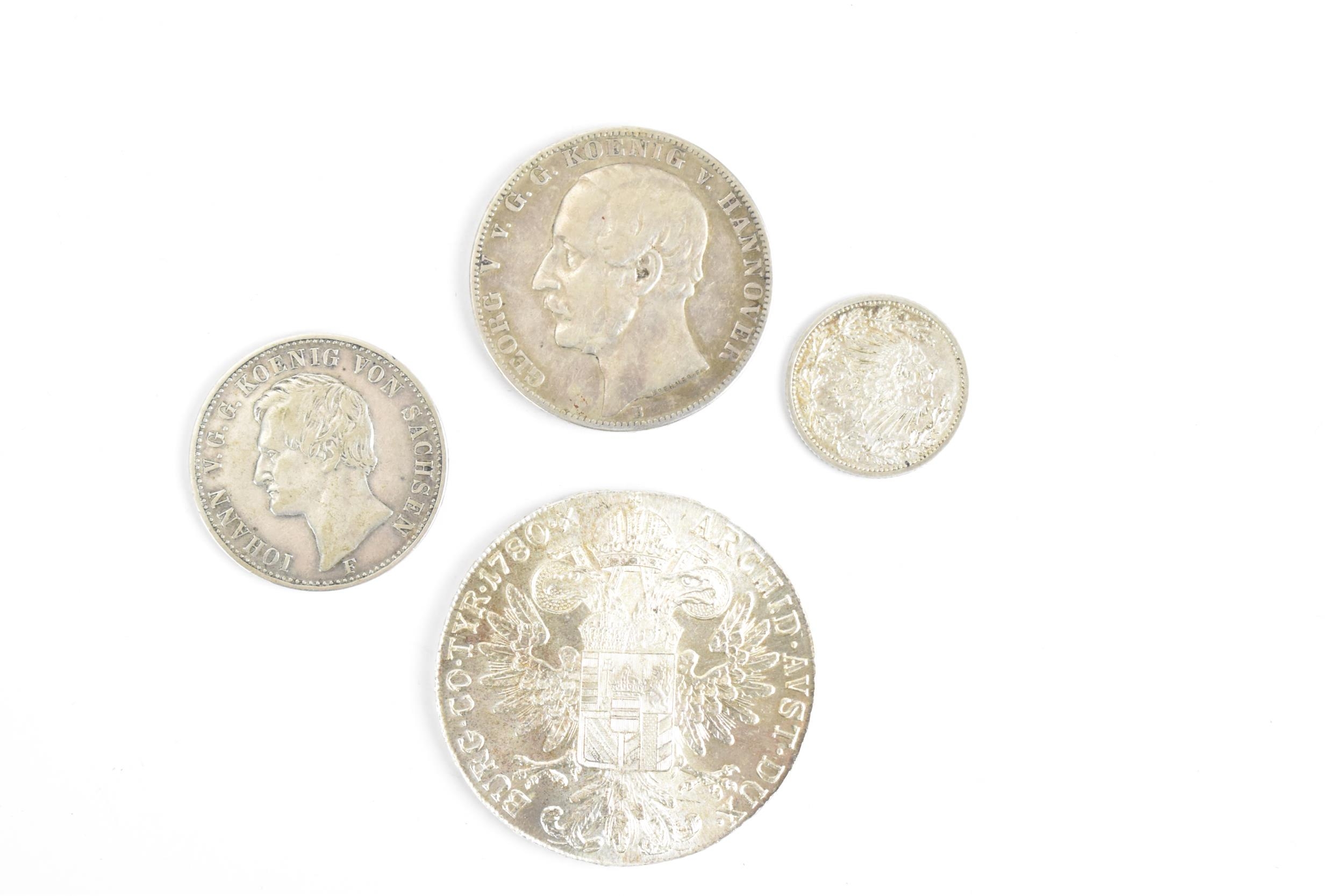 German Empire - A George V of Hanover 1861 Thaler, John I of Saxony 1856 1/3 Thaler, a 1913 1/2 - Image 2 of 7