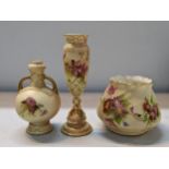 Three pieces of Royal Worcester blush ivory to include a pedestal flower vase numbered 1639 12cm