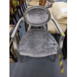 A silver painted upholstered open armchair on square tapering legs Location: