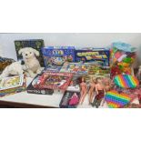 Games and toys to include jigsaws, annuals, Power Ranger figures, Sindy and others, board games