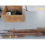 Fishing related items to include two fly fishing reels and split cane rods Location: A4M