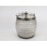 A Victorian Walker & Hall silver plated biscuit barrel, with an etched Coopered style glass body,