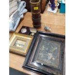 A miscellaneous lot to include a vintage carved bone pendant, two seals, a flask and two pictures to