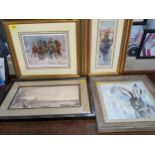 A group of four framed and glazed prints to include Margaret Barrett horse racing limited edition