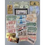 A collection of bank notes to include AA01 and AA02 £5 notes, £1 notes and 10 shilling along with