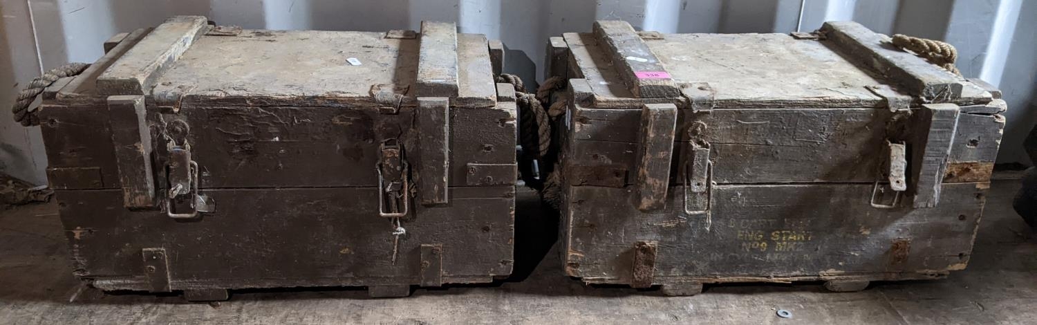 Two early 20th century ammunition boxes with rope twist carrying handles, Location: