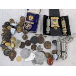 A mixed lot to include cap badges, medals, coins and whistles to include ARP The Metropolitan, The